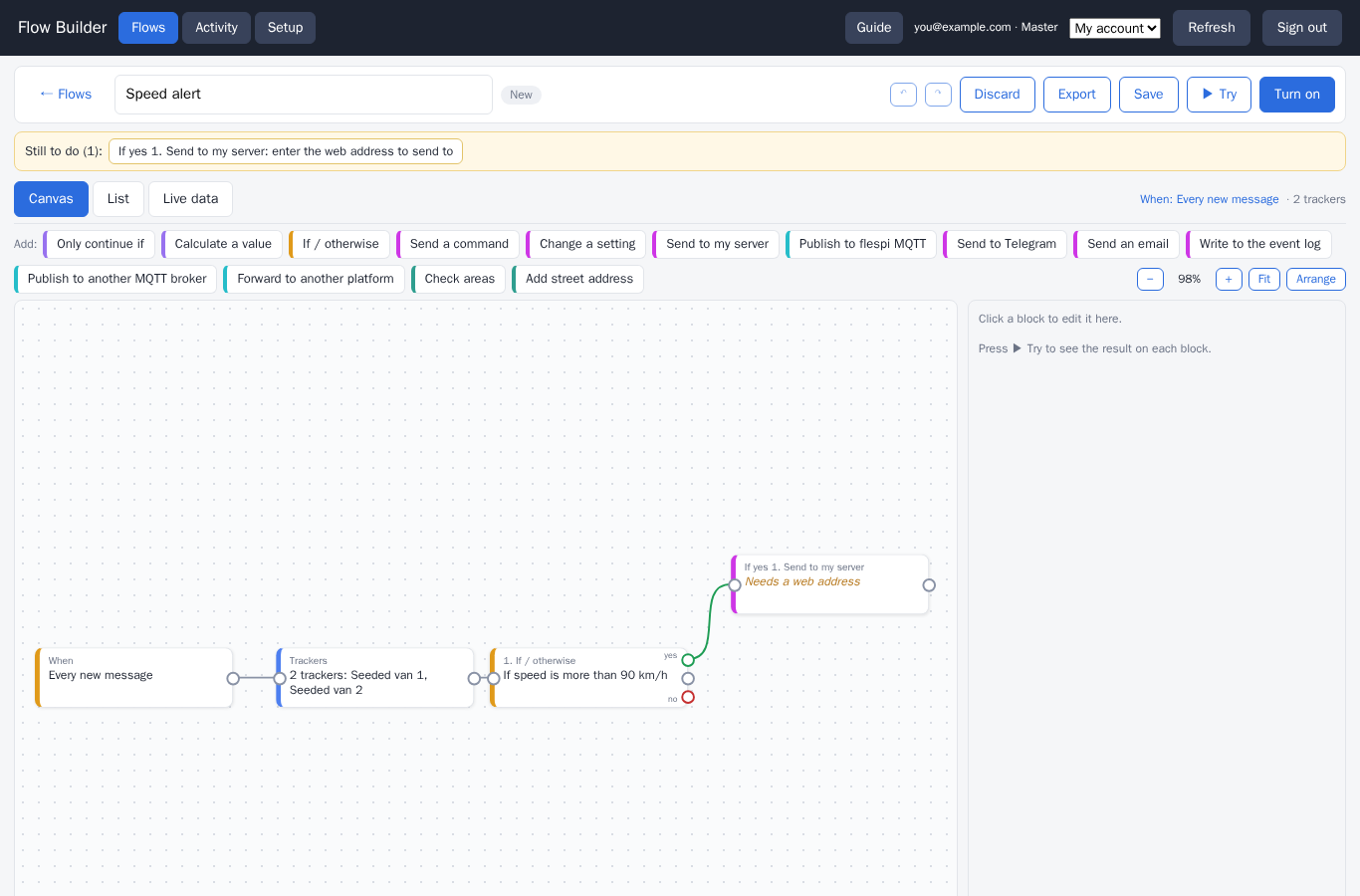 the editor with the Speed alert flow on the canvas