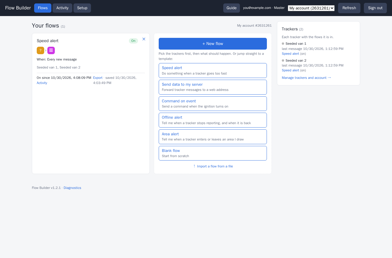 home page with flow cards and the trackers list