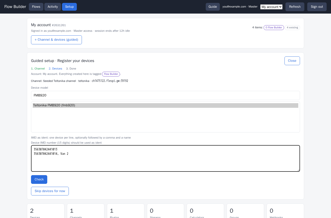 Setup page, adding trackers