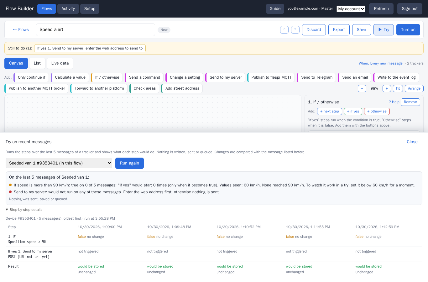 the Try panel with results per step
